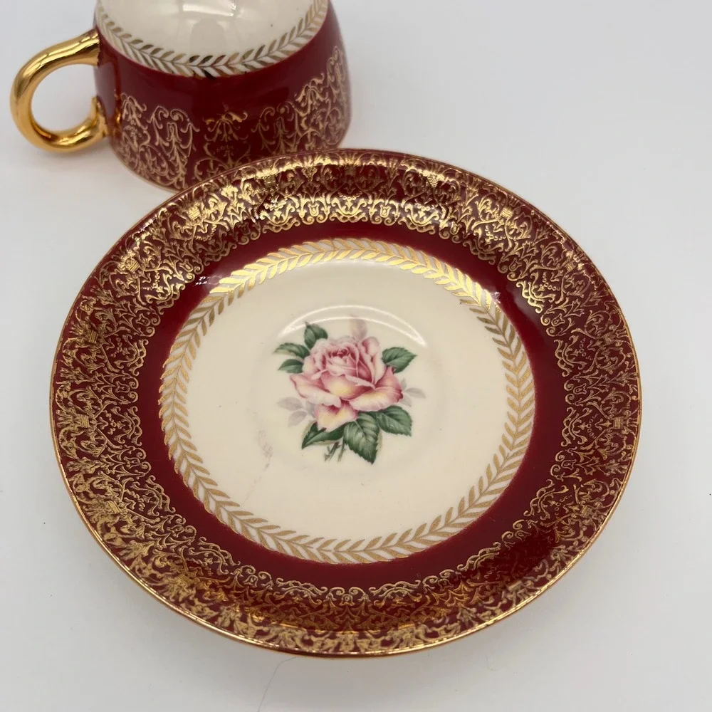 Homer Laughlin Lady Stratford Tea Cup and Saucer Set Maroon Gold Rose 2 Piece